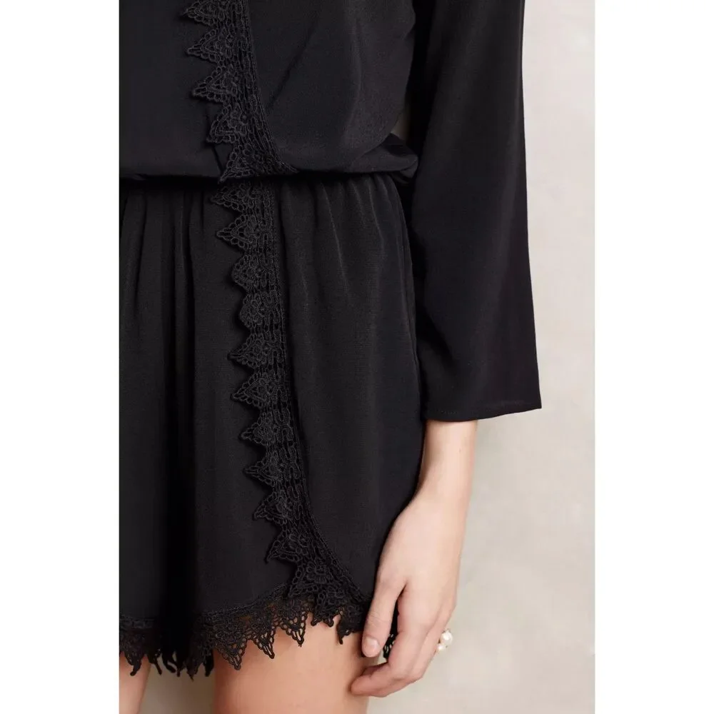 NWT Anthropologie Elevenses Lace-Trimmed Romper 3/4 Sleeves V-Neck in Black Sz M - Picture 4 of 15